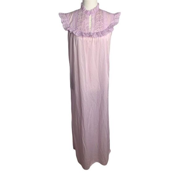 Vintage Nylon Lingerie Nightgown S Purple Sleeveless Embroidered Floral Lace - Picture 2 of 7
